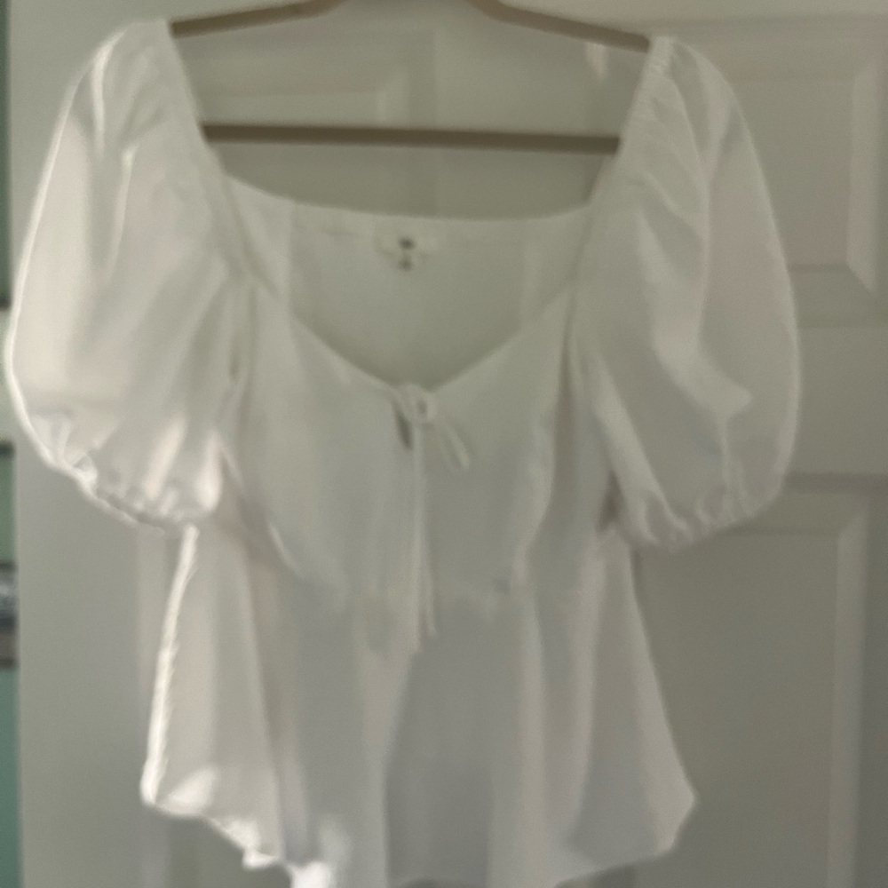 bp White Puff Sleeve Peplum Top with Front Tie Detail